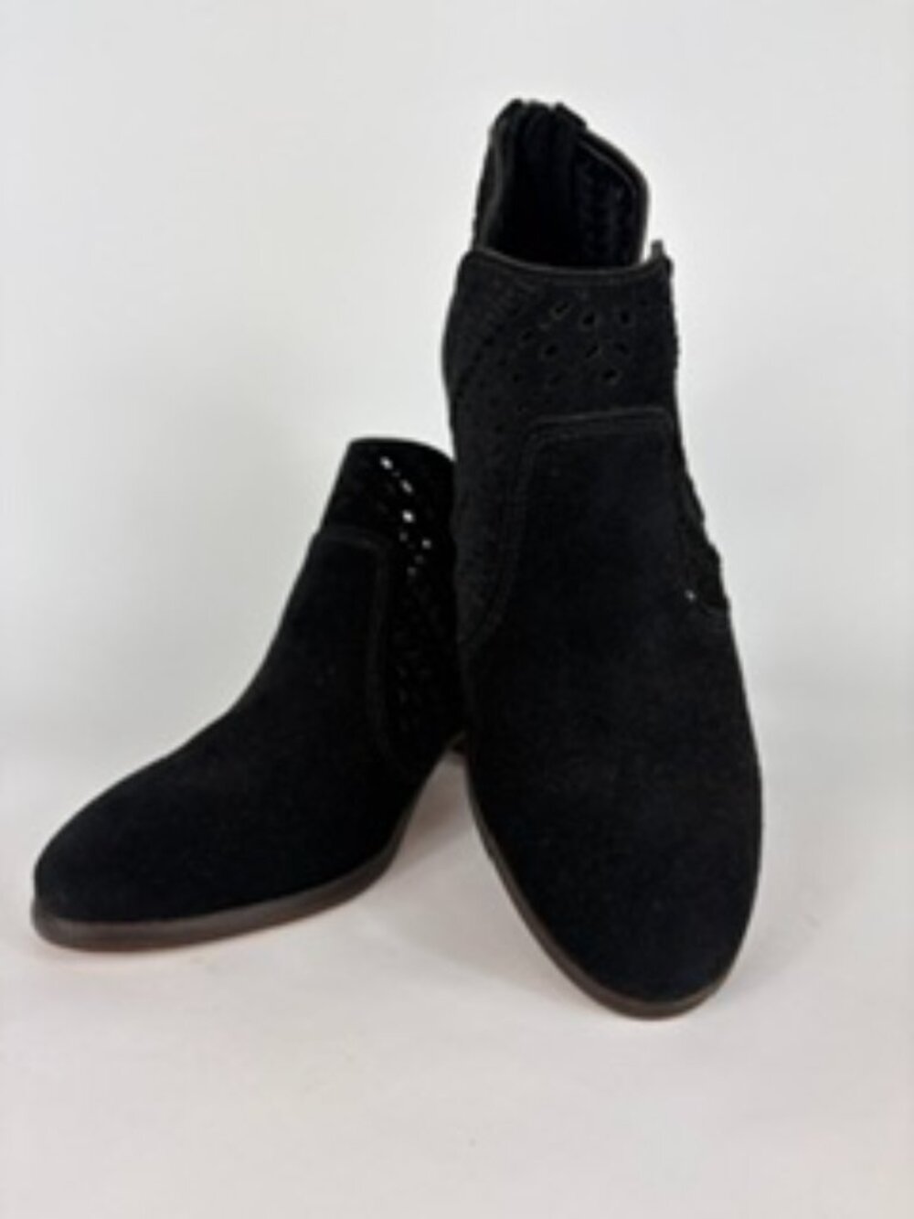 Vince Camuto Black Suede Bootie, Ankle Boot, lazer cuts, braiding - Size 6.5 M